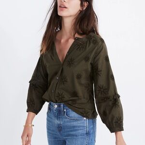 Madewell Green 3/4 Sleeve Buttoned Blouse